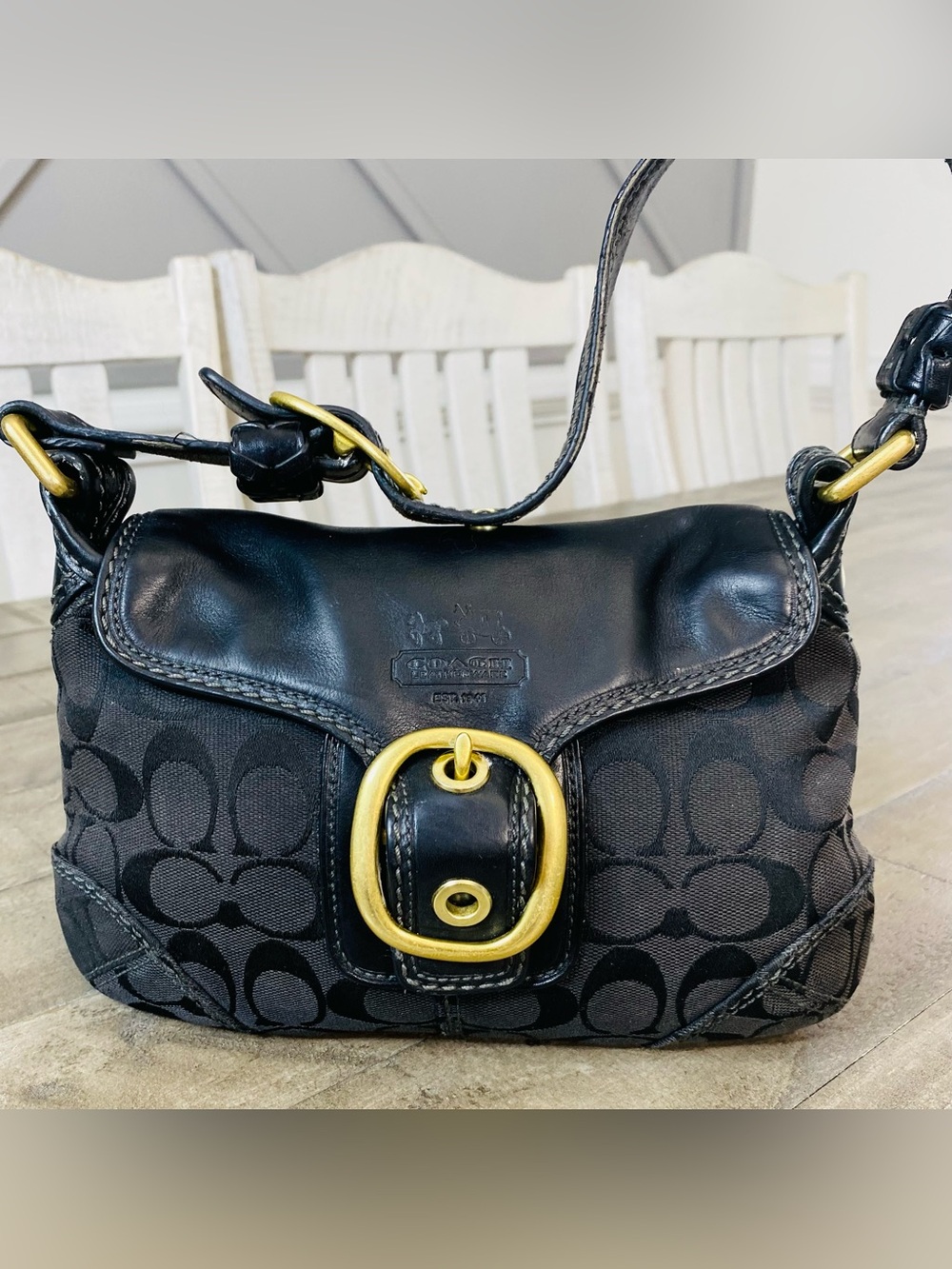 COACH Y2K Vintage Bleecker Signature Small Flap Hobo Bag 11441 Black Brass - Picture 2 of 12